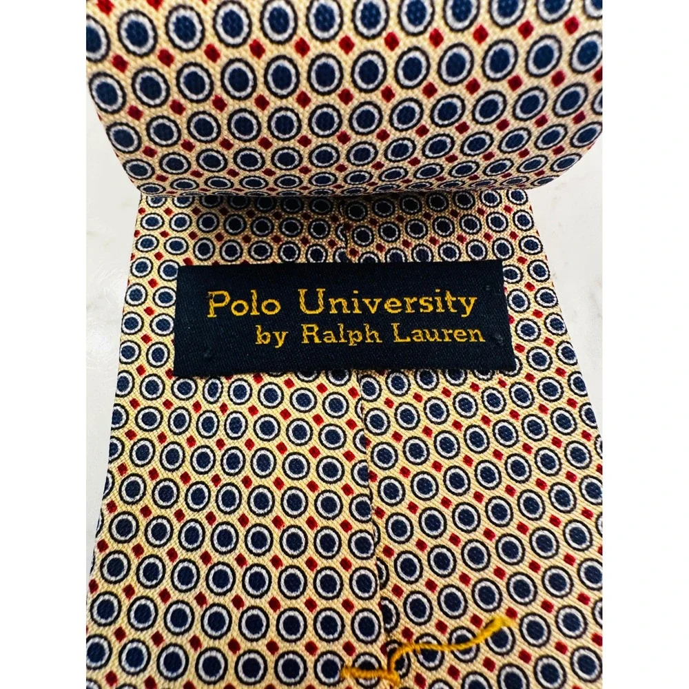 Polo University Ralph Lauren Silk Tie Yellow Hand Finished Medallion USA Vintage